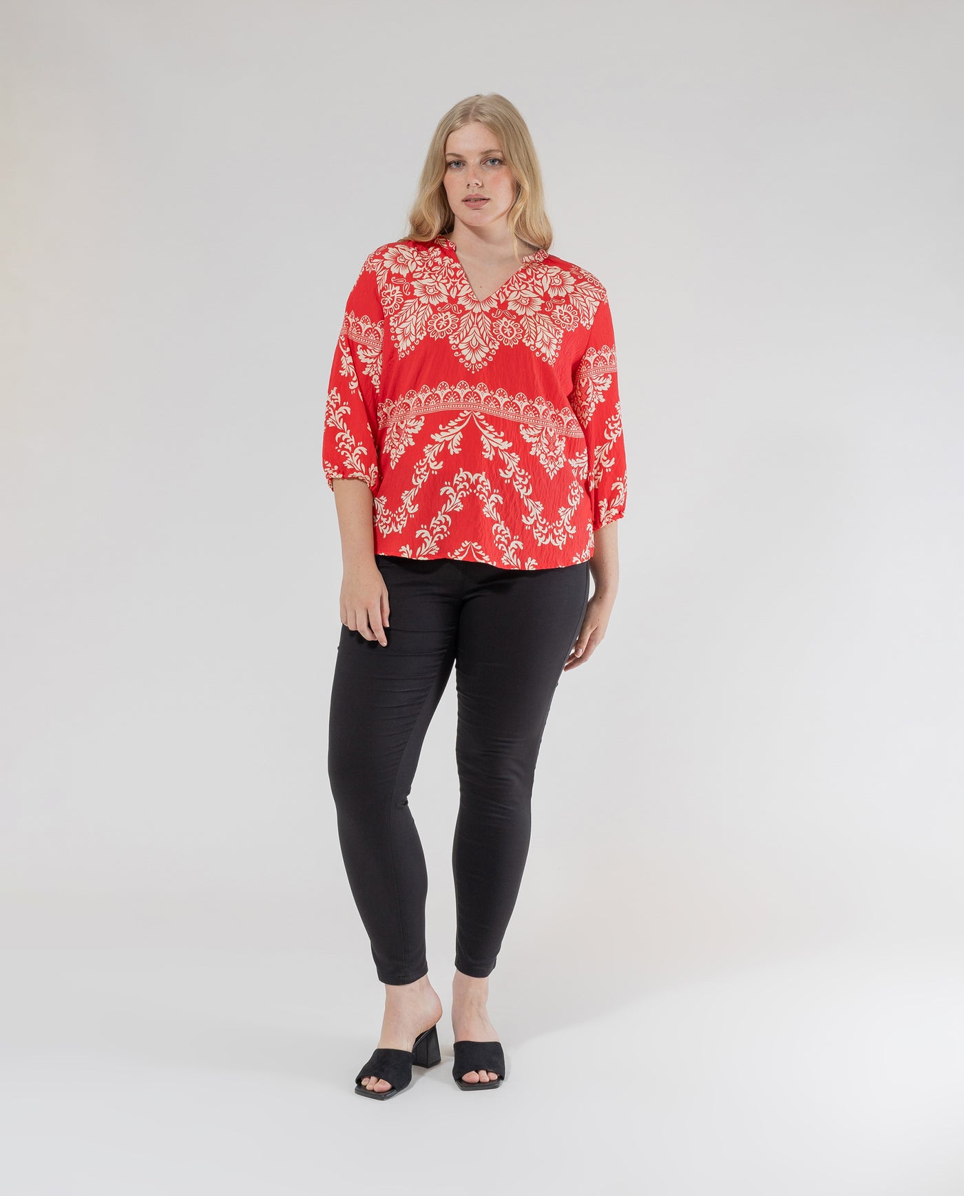 RED PRINTED V-NECK BLOUSE