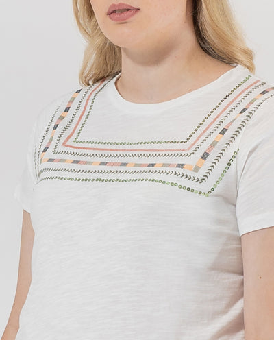 SHORT SLEEVE T-SHIRT WITH RAW FRONT EMBROIDERY