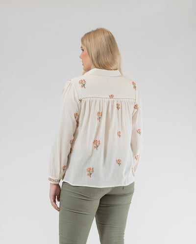 EMBROIDERED FABRIC BLOUSE WITH RAW SHIRT COLLAR