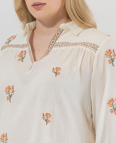 EMBROIDERED FABRIC BLOUSE WITH RAW SHIRT COLLAR
