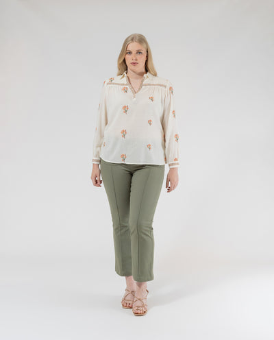 EMBROIDERED FABRIC BLOUSE WITH RAW SHIRT COLLAR
