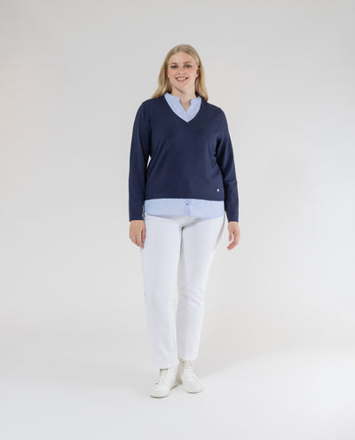 JERSEY ESCOTE PICO CUELLO MAO EN INTERIOR AZUL OSCURO