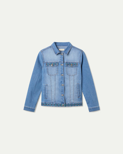 CAZADORA DENIM MANGA LARGA CON DETALLES BORDADOS. AZUL MEDIO
