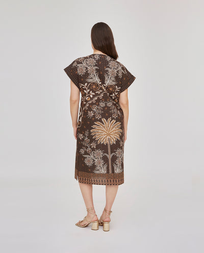 VESTIDO ESTAMPADO CON LENTEJUELA ESCOTE PICO  CRUDO