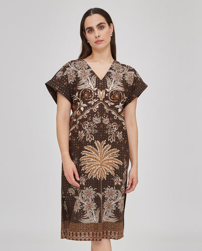 VESTIDO ESTAMPADO CON LENTEJUELA ESCOTE PICO  CRUDO