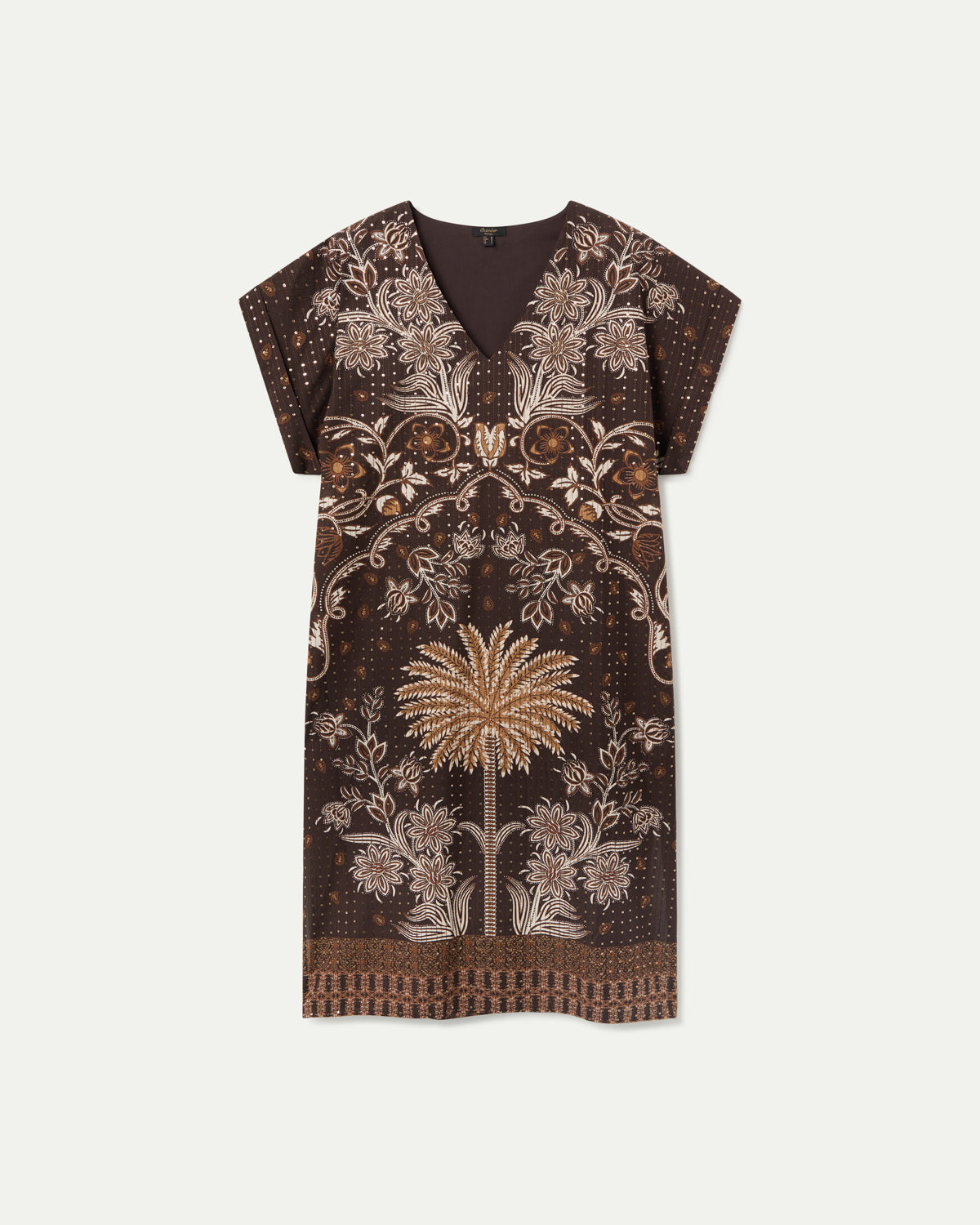VESTIDO ESTAMPADO CON LENTEJUELA ESCOTE PICO  CRUDO
