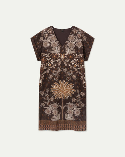 VESTIDO ESTAMPADO CON LENTEJUELA ESCOTE PICO  CRUDO