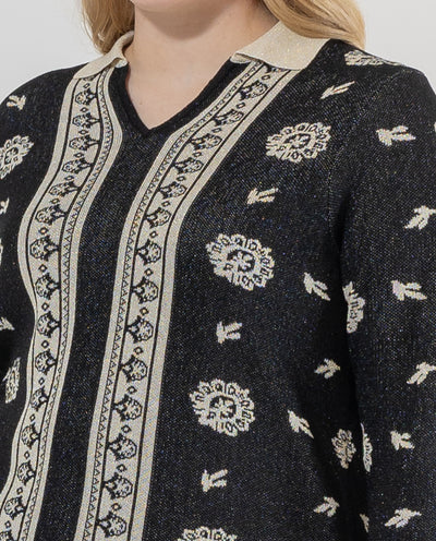 JACQUARD KNIT SWEATER WITH BLACK METALLIC THREAD