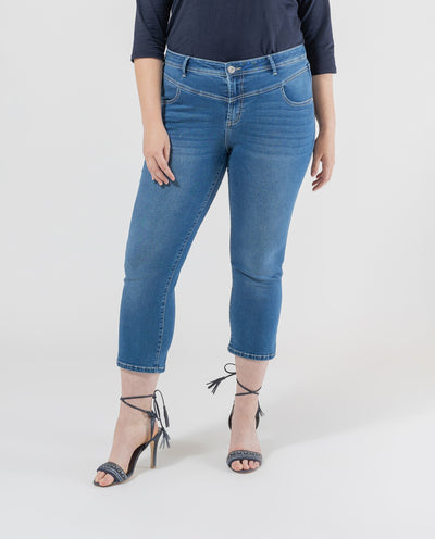 PANTALON CAPRI CON CANESU DELANTERO AZUL MEDIO