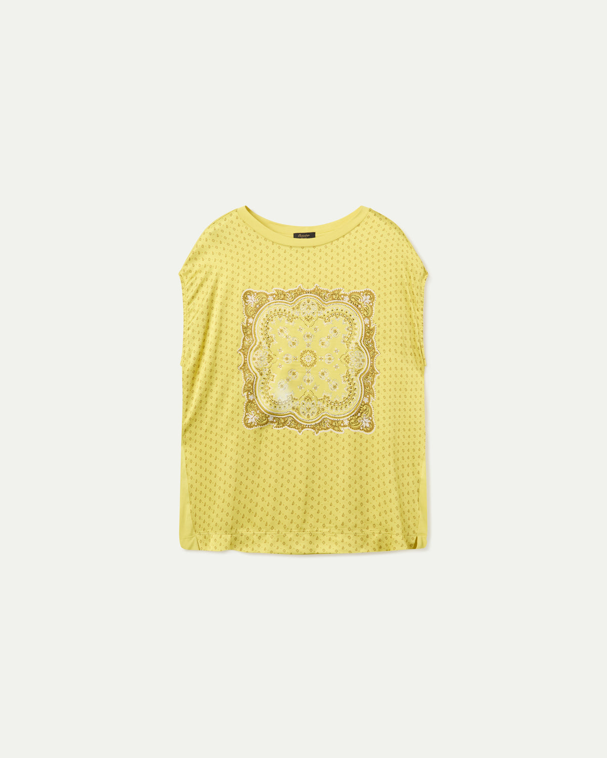 CAMISETA BIMATERIA ESTAMPADO CON STRASS AMARILLO