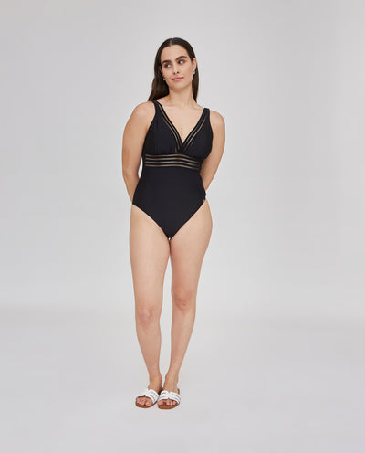 BAÑADOR ESCOTE PICO CON COPA EXTRAÍBLE Y CINTA CALADA NEGRO
