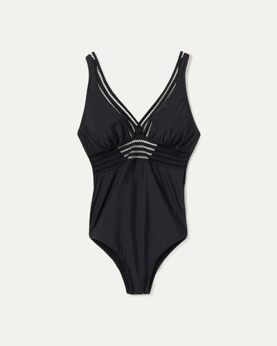 BAÑADOR ESCOTE PICO CON COPA EXTRAÍBLE Y CINTA CALADA NEGRO