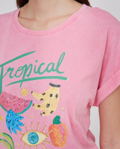 CAMISETA CUELLO REDONDO Y MANGA CORTA ROSA