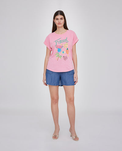 CAMISETA CUELLO REDONDO Y MANGA CORTA ROSA