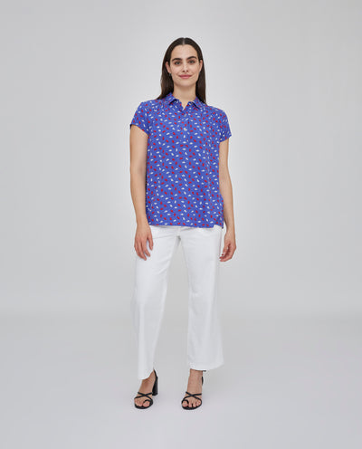 BLUSA CUELLO MAO CON MANGA CORTA AZUL MARINO