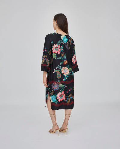 VESTIDO LARGO MIDI ESTAMPADO CON MANGA 3/4  NEGRO