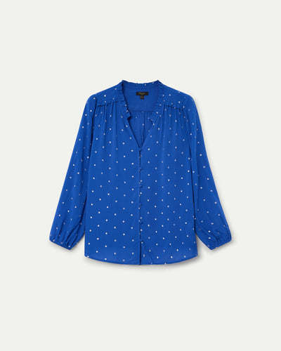 BLUSA ESCOTE PICO Y MANGA LARGA CON TEJIDO PLUMETI AZUL