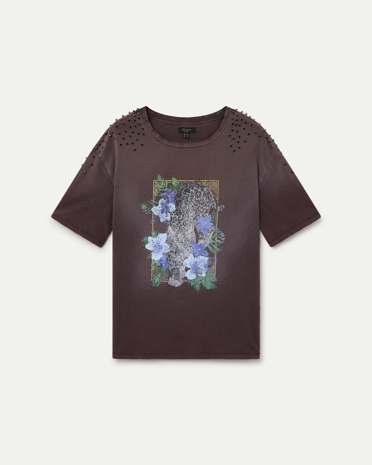 CAMISETA ESTAMPADO POSICIONAL CON STRASS EN HOMBROS  GRIS JASPE
