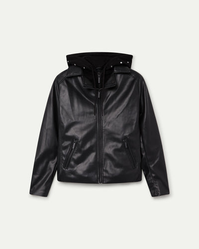CAZADORA EFECTO PIEL COMBINADA CON CAPUCHA DESMONTABLE NEGRO