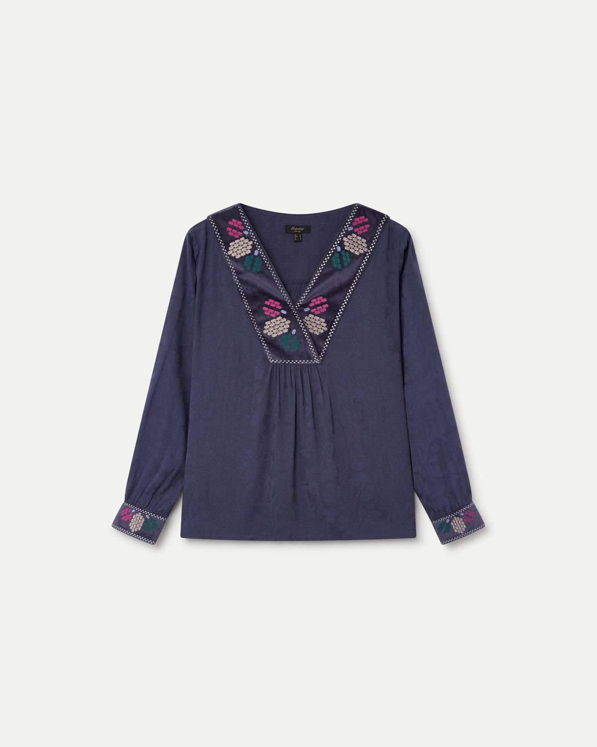 BLUSA ESCOTE PICO CON BORDADO AZUL INDIGO