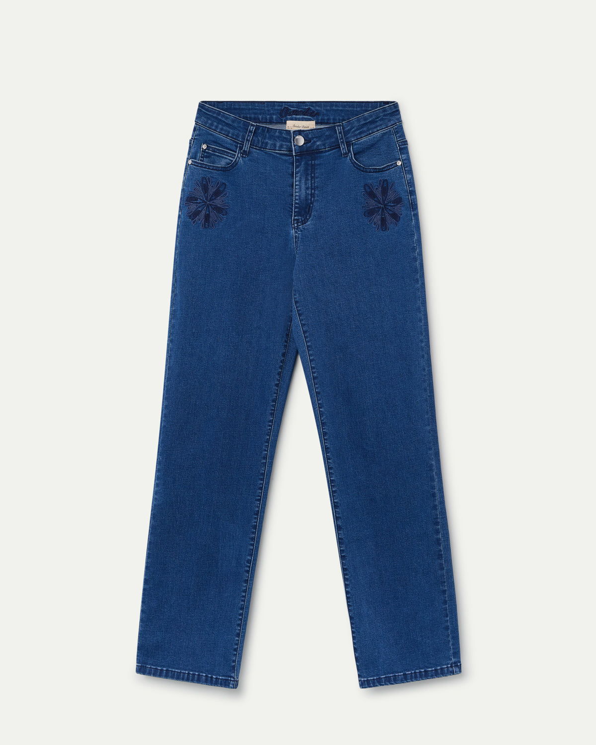 PANTALON DENIM BORDADOS EN BOLSILLOS DELANTEROS  AZUL