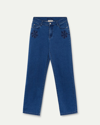 PANTALON DENIM BORDADOS EN BOLSILLOS DELANTEROS  AZUL