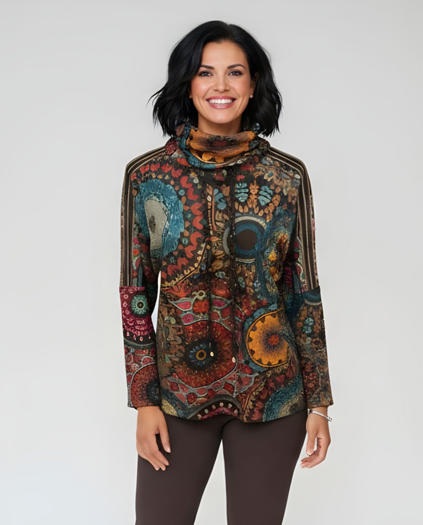 Sueter Estampada Con Cuello Buche Ajustable  Marrón