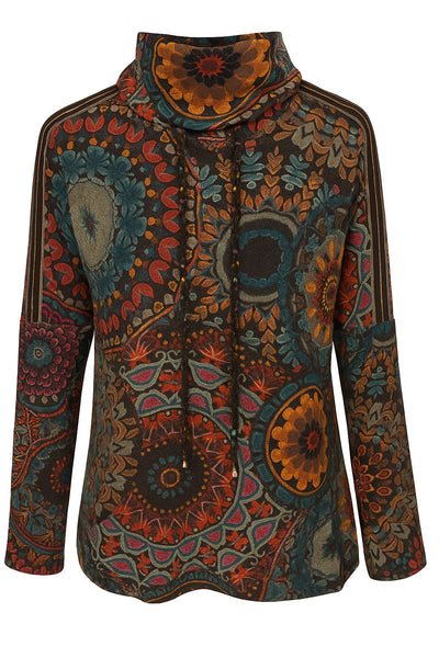 Sueter Estampada Con Cuello Buche Ajustable  Marrón