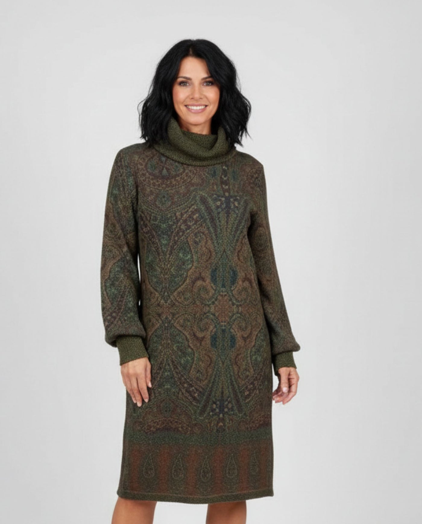 Vestido Estampado Cuello Alto Y Manga Larga  Verde Caza