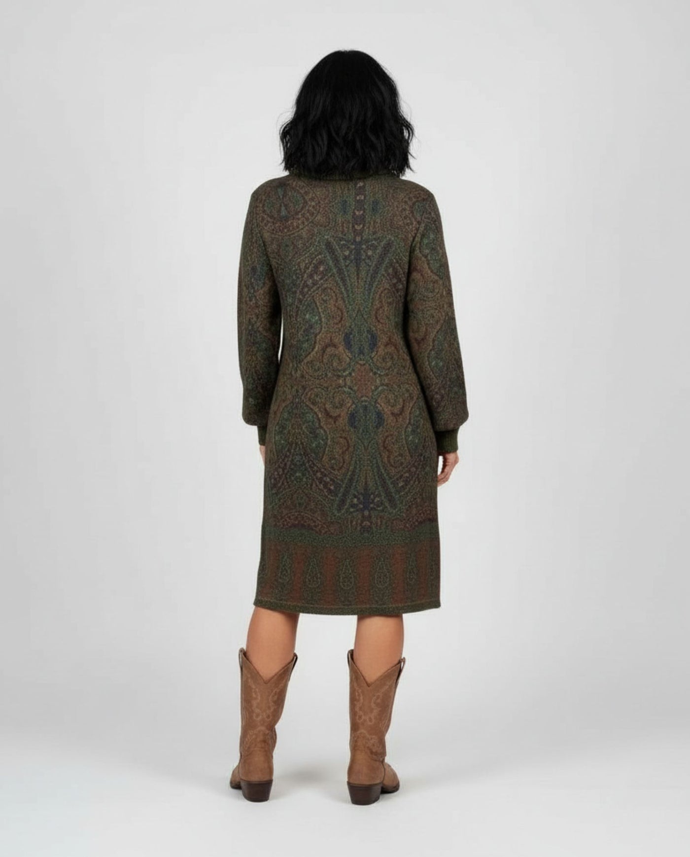 Vestido Estampado Cuello Alto Y Manga Larga  Verde Caza