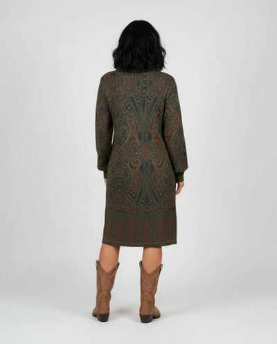 Vestido Estampado Cuello Alto Y Manga Larga  Verde Caza