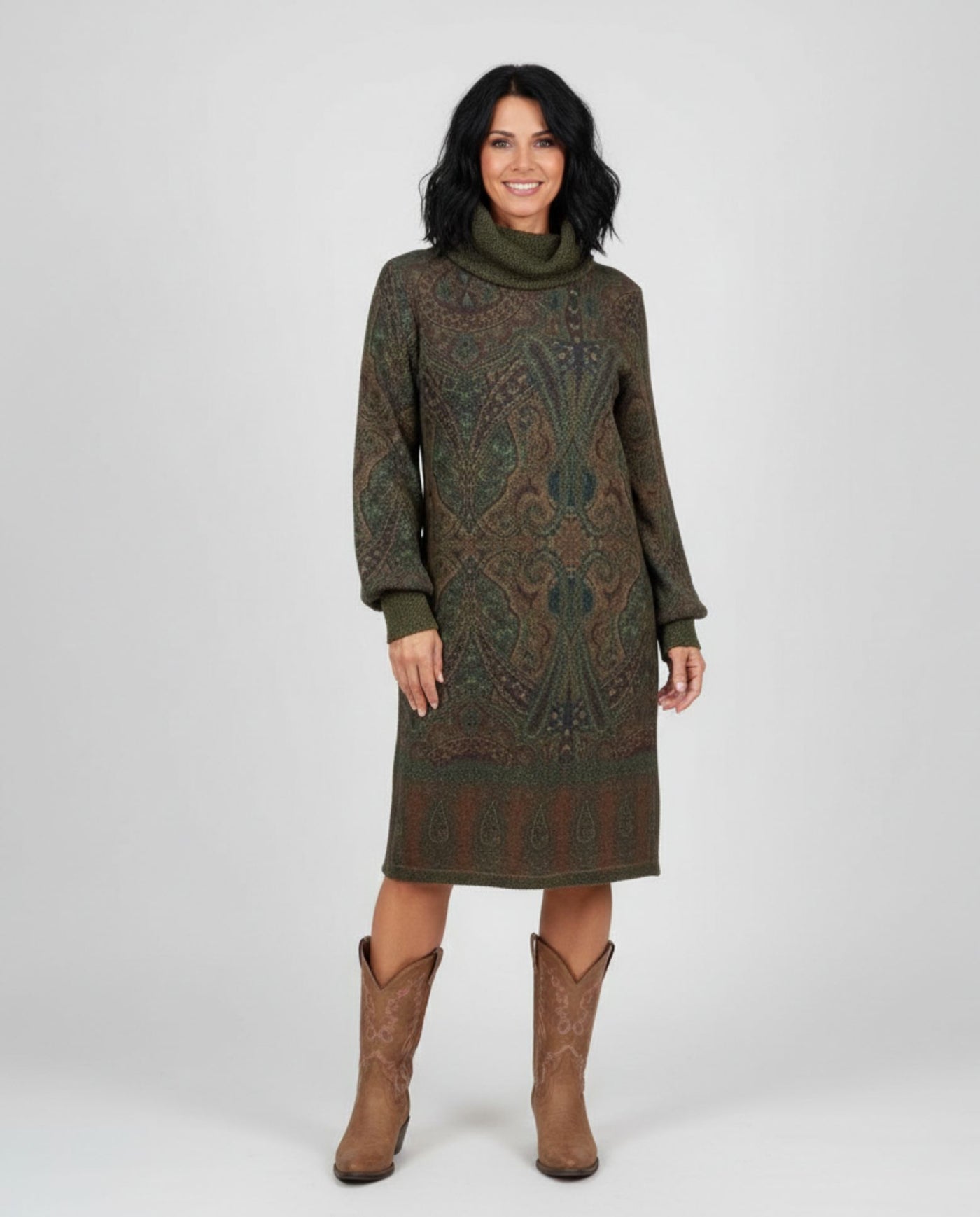 Vestido Estampado Cuello Alto Y Manga Larga  Verde Caza