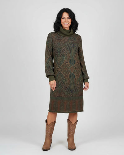 Vestido Estampado Cuello Alto Y Manga Larga  Verde Caza