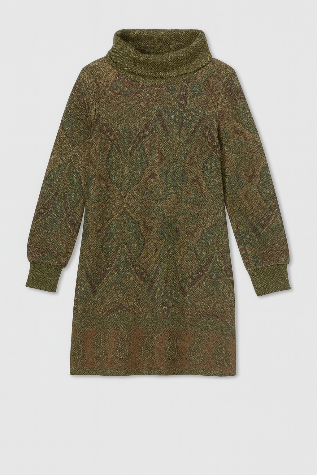 Vestido Estampado Cuello Alto Y Manga Larga  Verde Caza
