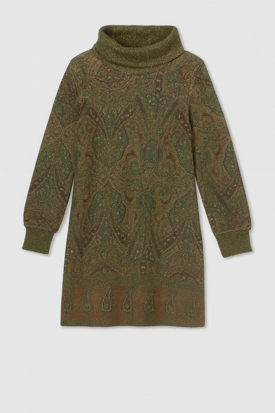 Vestido Estampado Cuello Alto Y Manga Larga  Verde Caza