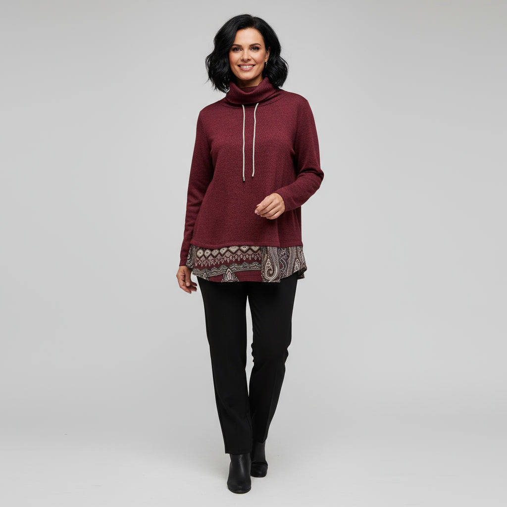 Sueter De Cuello Alto Con  Faldon En El Bajo  Granate