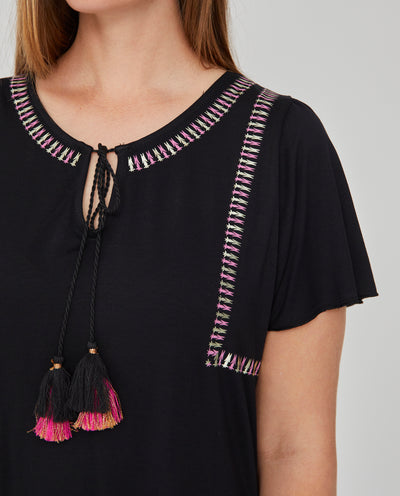 CAMISETA CUELLO REDONDO MANGA EVASE NEGRO