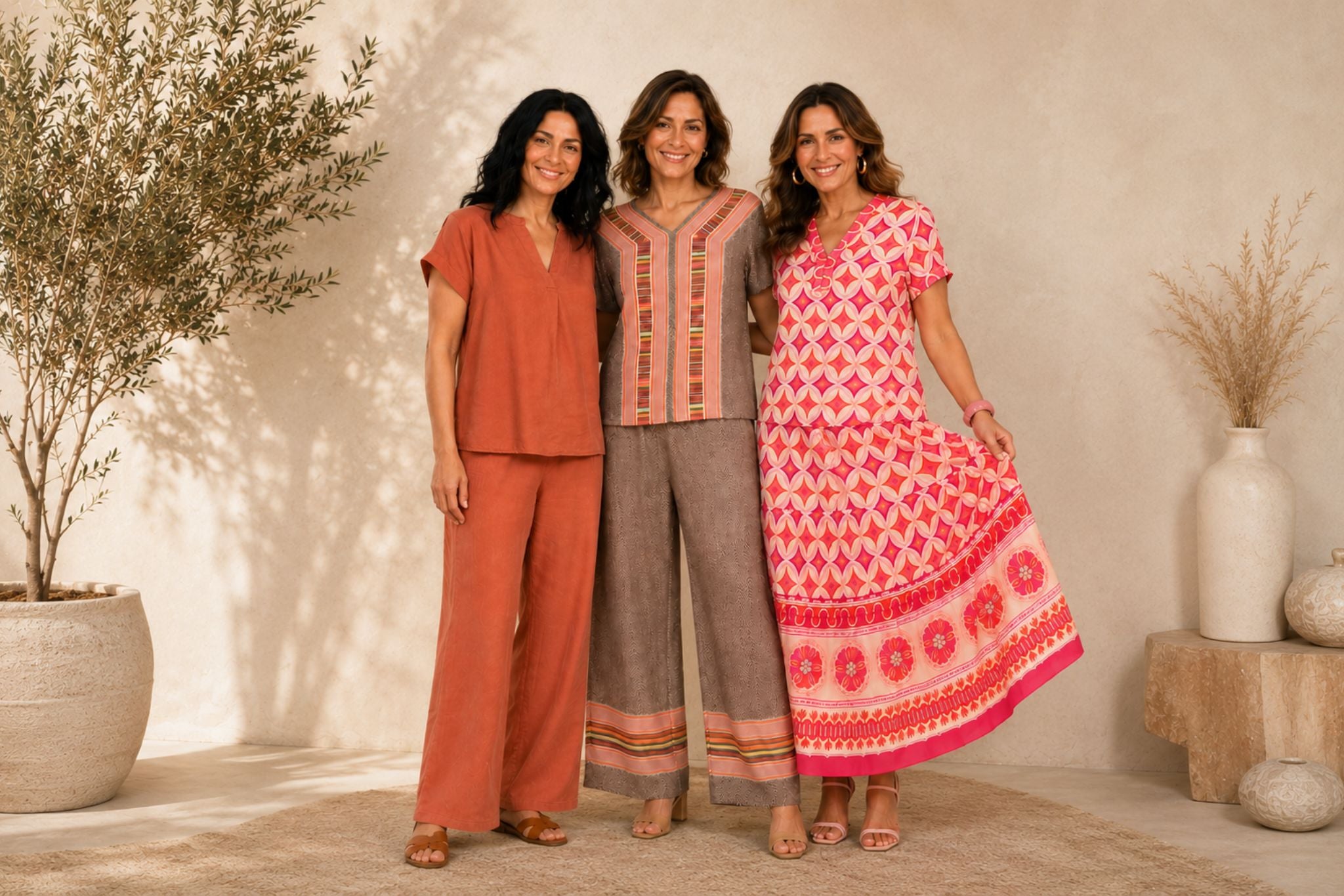 tres mujeres con tres conjuntos diferentes de la marca october | october | conjuntos