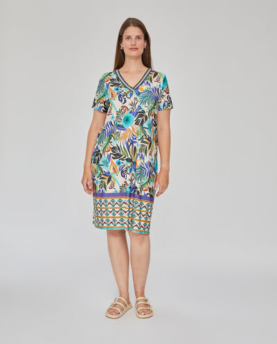 VESTIDO PUNTO ESTAMPADO ESCOTE PICO CRUDO