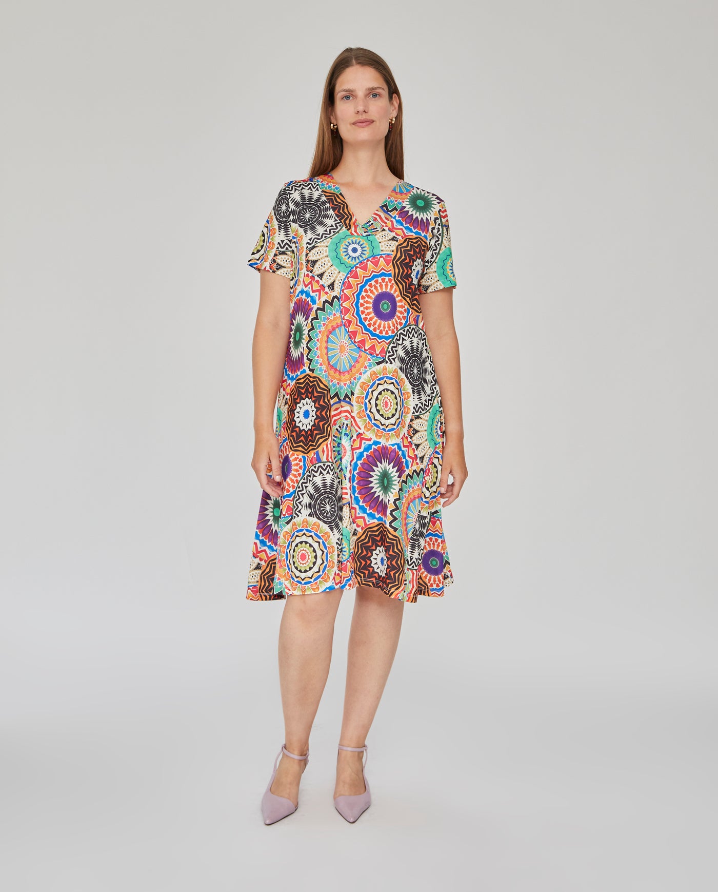 VESTIDO PUNTO ESTAMPADO CON GODETS MULTICOLOR