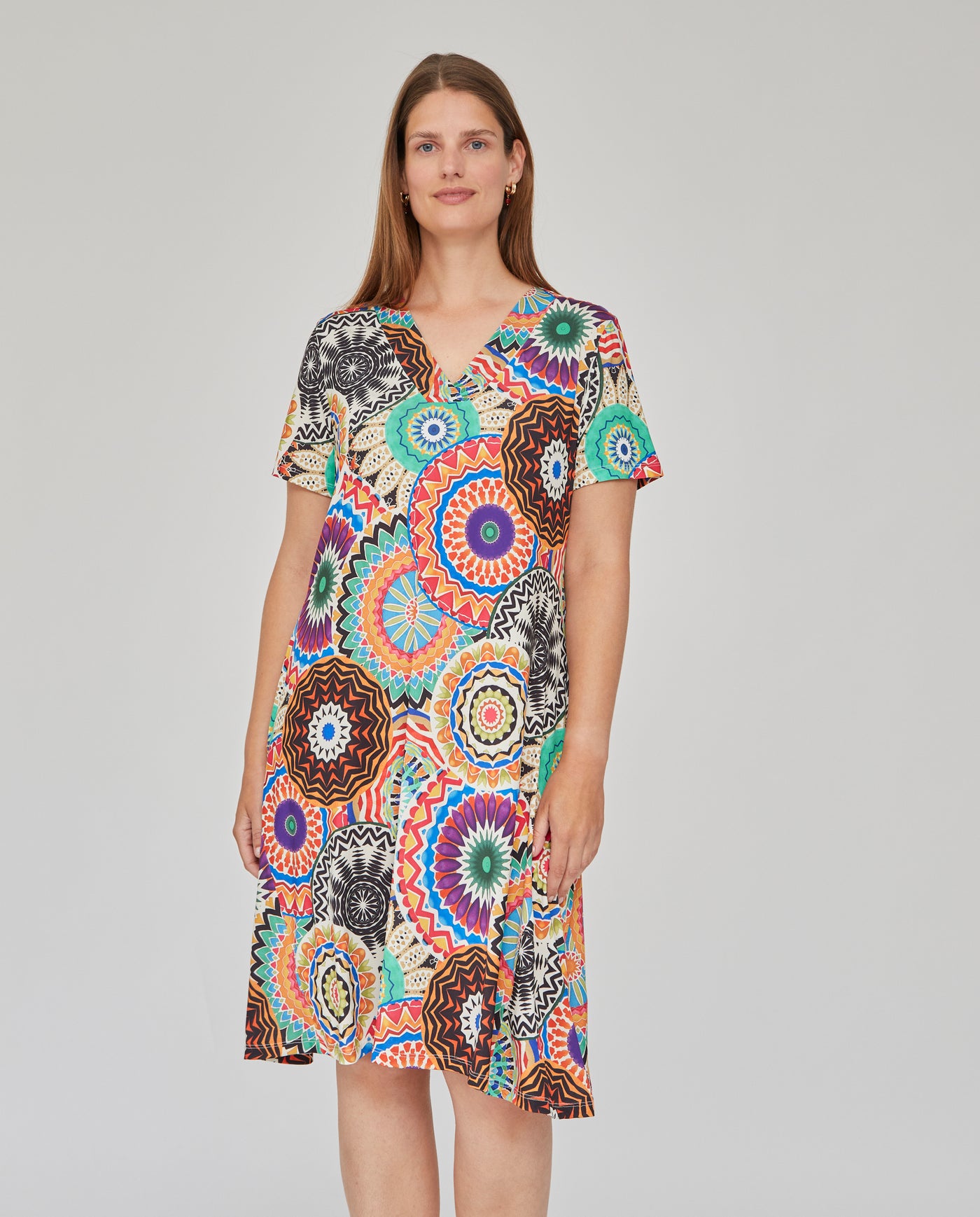 VESTIDO PUNTO ESTAMPADO CON GODETS MULTICOLOR