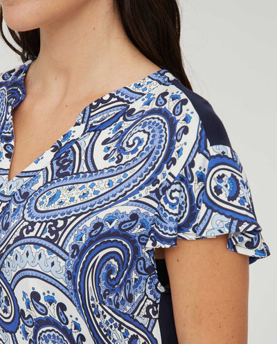 BLUSA BIMATERIA ESTAMPADO PAISLEY AZUL