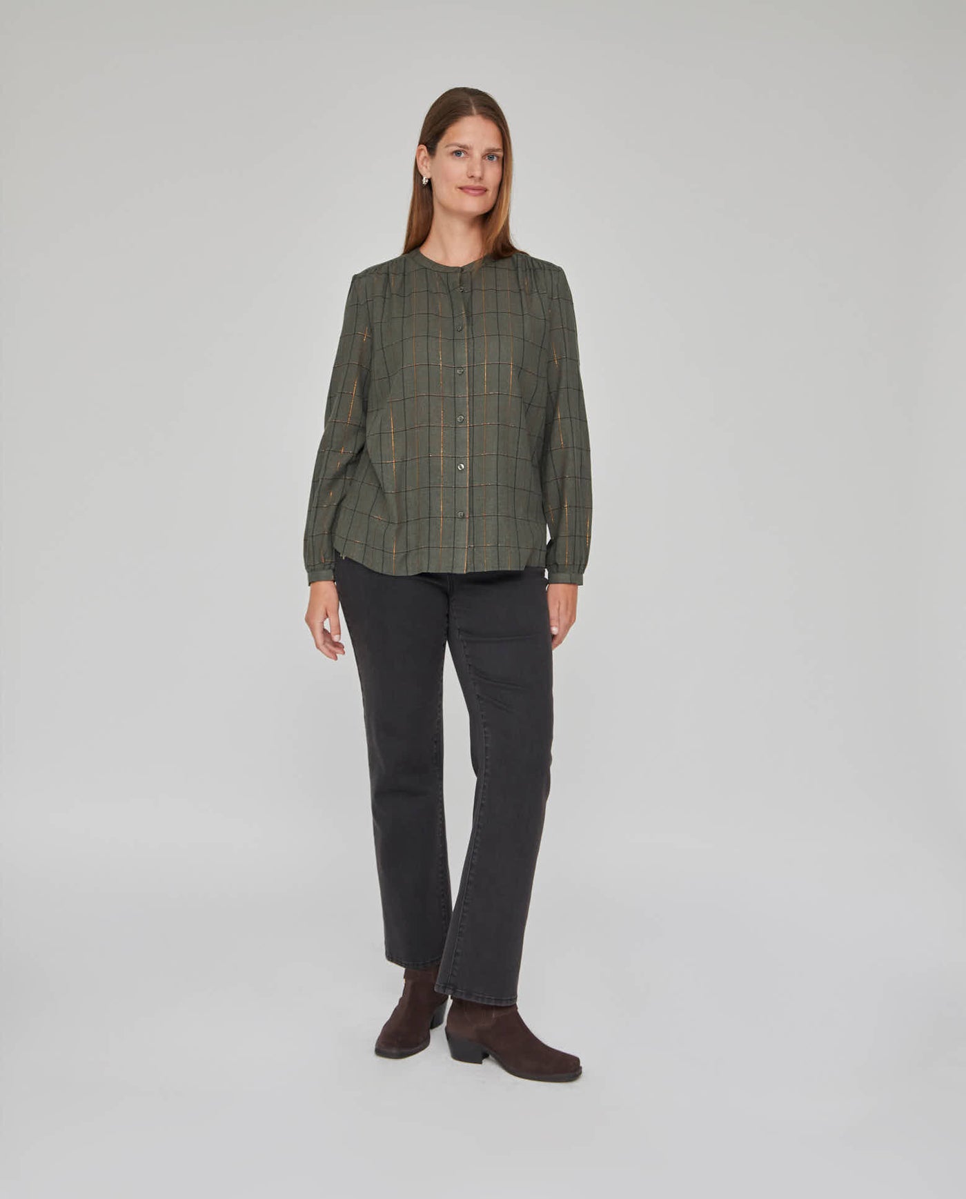 BLUSA CUADROS CON HILO METALICO  VERDE MUSGO