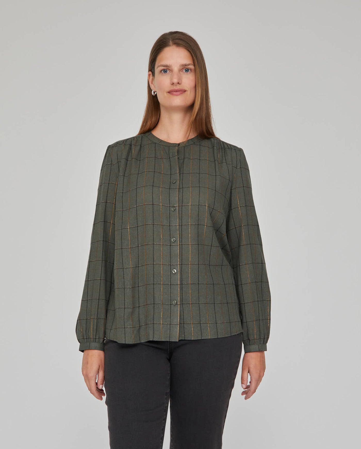 BLUSA CUADROS CON HILO METALICO  VERDE MUSGO
