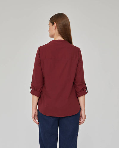 BLUSA CUELLO MAO Y MANGA LARGA TINTE EN PRENDA GRANATE