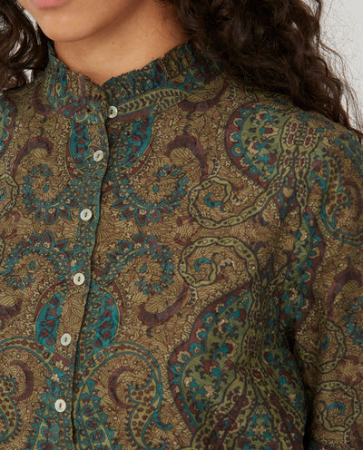 Blusa Jacquard Paisley Abertura Delantero Verde Caza