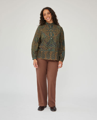 Blusa Jacquard Paisley Abertura Delantero Verde Caza