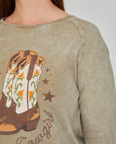 CAMISETA EFECTO LAVADO CON ESTAMPADO POSICIONAL  VERDE MUSGO