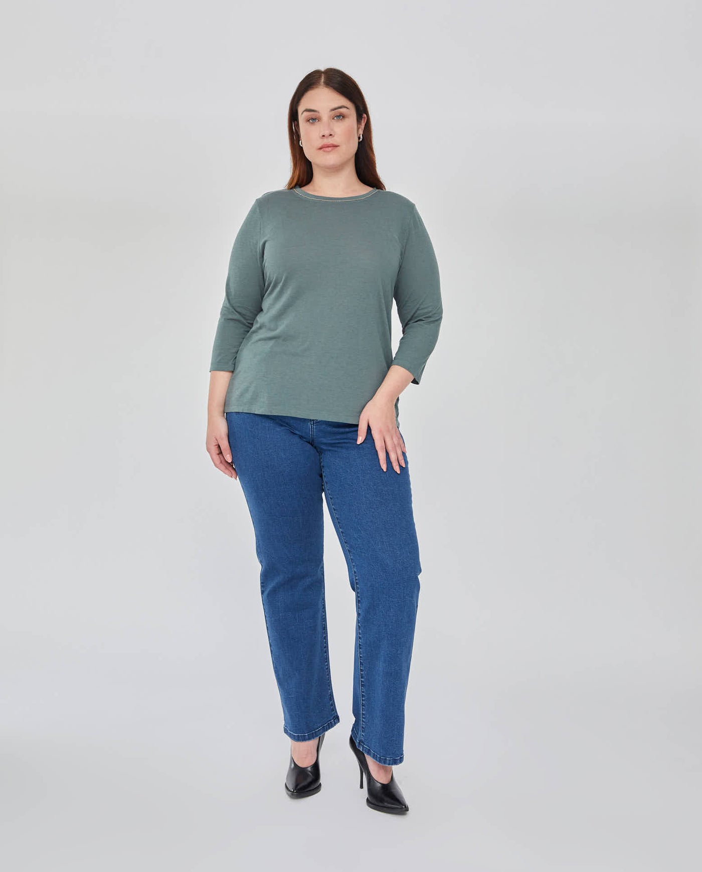 CAMISETA MELANGE MANGA TRES CUARTOS  VERDE