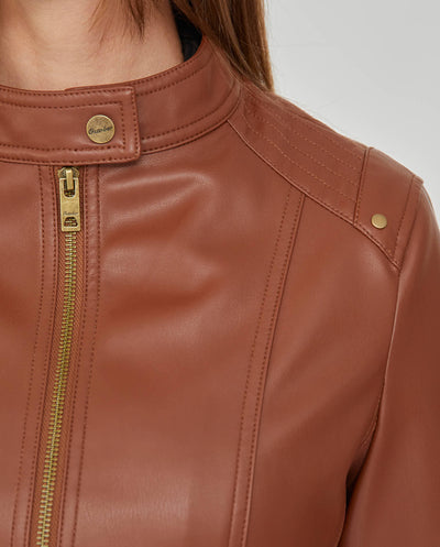CAZADORA EFECTO PIEL CUELLO MAO MARRÓN